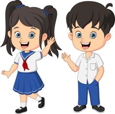 two children in school uniforms waving and smiling