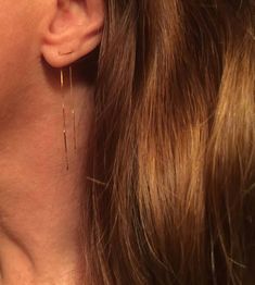 14K Gold Thin Double Bar Ear Thread Chain Earrings / STITCHED 2nd Ear Piercing, Second Ear Piercing, Double Ear Piercings, Chain Threader Earrings, Thread Chains, Needle Earrings, Threader Earrings Gold, Double Earrings, Cute Ear Piercings