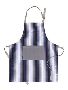 a blue and white striped apron with grey straps