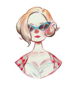 a drawing of a woman with sunglasses on her head and red checkered shirt underneath