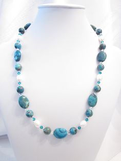 Necklace of  Blue (Dyed) Crazy Lace  Agate, White Freshwater Pearls, and Swarovski Crystal Accents, Blue Agate Beaded Necklaces, Blue Agate Beaded Necklace, Blue Agate Round Necklace, Bead Threading, Jewelry Pearls, Blue Dye, Chain Extenders, White Freshwater Pearl, Gemstone Jewellery