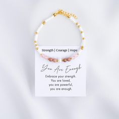 You Are Enough Bracelet - Handcrafted with Rhodonite, Rose Quartz, and Pearl, this inspirational bracelet promotes strength, courage, and hope. A perfect gift of empowerment. This bracelet is perfect for anyone seeking a daily reminder of their strength, courage, and self-worth. Whether you're going through a challenging time, want to give a friend encouragement, or simply need a boost of positivity, the "You Are Enough" Bracelet is a meaningful and thoughtful choice.  Perfect for: * Birthdays * Friend Encouragement, Rose Quartz And Pearl, Birthday Gift For Best Friend, Best Friend Jewelry, Gift Best Friend, Inspirational Bracelets, Daily Encouragement, Gift For Best Friend, You Are Enough