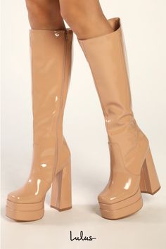 Take your aesthetic to sky-high heights when you step out in the Lulus Brunay Light Nude Square Toe Platform Over-the-Knee Boots! Sleek patent faux leather shapes a square toe upper (atop a chunky 1.75"" double platform) and 14.25"" over-the-knee shaft with a 15.75"" circumference. A 16"" zipper at the instep and a chunky, sculpted block heel complete the look! 5. 75" wrapped sculpted block heel. Cushioned insole. Rubber sole has nonskid markings. Man made materials. Imported. Lulus | Brunay Lig Fashion Shoes Heels, Thigh Boots, Otk Boots, Boots Platform, Leather Western Boots, High Heel Boots Knee, Faux Leather Boots, Thigh Boot, Knee Boot