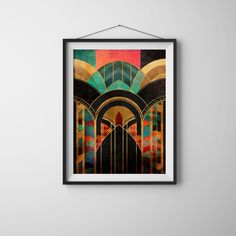 an art print hanging on the wall above a white wall with a black framed frame