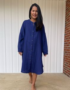 Relax in style with the Aura shirtdress, a unique take on traditional loungewear. Made from breathable double gauze cotton, it's perfect for casual wear out, at home, or even as a beach coverup. The button-down design adds a touch of style and versatility to your wardrobe, ensuring comfort and convenience as you go about your day. Blue Spring Tunic For Loungewear, Casual Blue Linen Dress For Daywear, Casual Blue Linen Dress For Day Wear, Blue Cotton Shirt Dress For Vacation, Casual Cotton Gauze Long Sleeve Dress, Casual Long-sleeved Cotton Gauze Dress, Bohemian Blue Shirt Dress For Summer, Casual Long Sleeve Cotton Gauze Dress, Blue Bohemian Linen Long Sleeve Dress