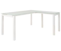 a white table with a glass top and two legs on the bottom, against a white background