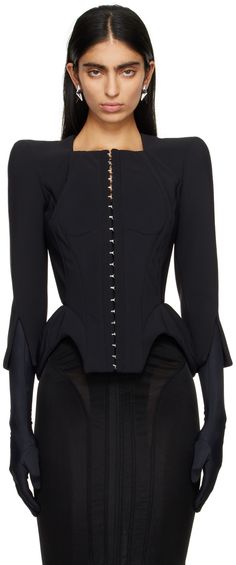 Stretch nylon bonded jersey jacket. · Paneled construction · Square neck · Hook-eye closure · Asymmetric peplum hem · Padded shoulders · Vent at cuffs Supplier color: Black Hook And Eye Closure, New Romantic Fashion, Mugler Outfit, Structured Clothing, Mugler Jacket, Black Blouse Outfit, Cowboy Couture, Candle Names, Structure Clothing