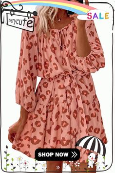 Pink Leopard Long Sleeves Short Dress Pink Mini Dress For Fall Day Out, Pink Mini Dress For Day Out In Fall, Pink Midi Dress For Fall Vacation, Sleeves Short Dress, Short Dress Women, Long Sleeve Short Dress, Pink Leopard, Mini Dresses, Women Dresses