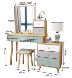 the measurements of a dressing table and stool