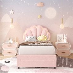 a bedroom with pink furniture and stars on the wall above it is decorated in pastel colors