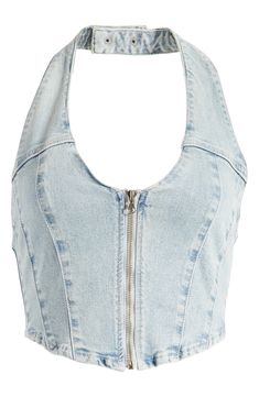 PacSun Corset Denim Crop Halter Top | Nordstrom Denim Halter Top, Cropped Halter Top, Collage Elements, Denim Corset Top, Crop Top With Jeans, Denim Crop Top, Denim Corset, Fashion Collage, Beauty Clothes