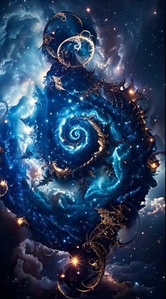 an abstract painting with stars and swirls in the center, on a dark blue background