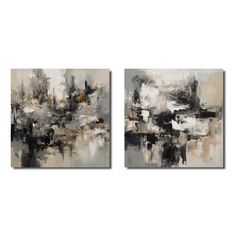 two abstract paintings, one in grey and the other in white with black and gold accents