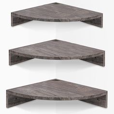 three wooden shelves on the wall with one shelf open and two are stacked up against each other