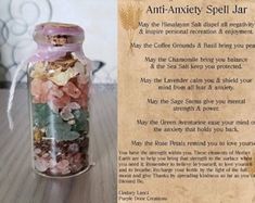 This Anti-Anxiety spell jar, is made with chamomile to aid in relaxation, lavender to ease/soothe anxiety, Pink Himalayan  salt for love. It will be sealed with purple wax for reducing stress/anxiety and spiritual protection. Next your spell jar will be sealed again with white wax for purification, peace, cleansing & protection. Your spell jar will be charged prior to shipping by being placed in a circle surrounded by amethyst crystals that help reduce anxiety. Please keep in mind these are made to order shipping can be anywhere between 3 days to a 1 week. Love Potion Bottle, Shadow Candle, Love Herbs, Love Spell Jar, Health Spell, Spell Jar, Potion Bottles, Witch Diy, Witchcraft Spell Books