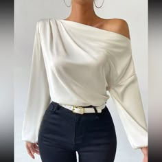 Super Cute And Stylish Ships In 5-10 Business Days Asymmetrical Blouse For Fall Day Out, Asymmetrical Fall Blouse For Day Out, Elegant One-shoulder Fall Blouse, Chic White One Shoulder Long Sleeve Top, Elegant One-shoulder Top For Fall, Elegant One-shoulder Top For Day Out, Elegant One Shoulder Top For Fall, Elegant Asymmetrical Top, Elegant Tops With Asymmetrical Hem For Fall