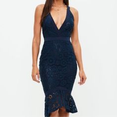 New With Tags! Misguided Navy Blue Lace Dress In A Size 8. Blue Lace Midi Dress For Summer, Blue Lace Midi Length Dresses, Chic Blue Sleeveless Lace Dress, Blue Midi Length Dress For Date Night, Blue Fitted Lace Knee-length Dress, Chic Blue Midi Lace Dress, Blue Lace V-neck Midi Dress, Blue Lace Midi Dress For Party, Blue Lace Midi Dress For Date Night