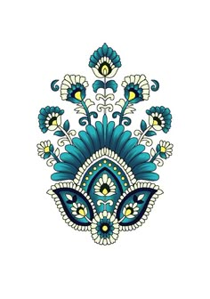 an ornate blue and white design with flowers on it's side, in the middle of