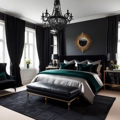 a black and white bedroom with a chandelier