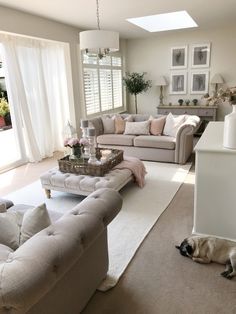 a living room filled with furniture and a dog laying on the floor next to it