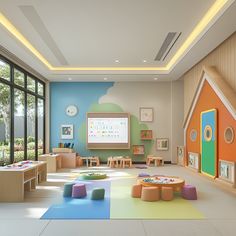 an empty classroom with lots of colorful furniture