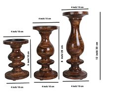 three wooden candlesticks are shown with measurements