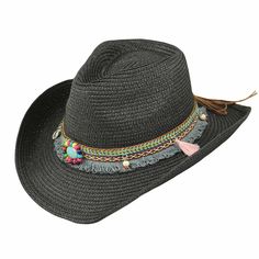 Straw cowboy hat for women. Colorful embroidered tassel band with turquoise beaded concha. C-crown with pinched front. Curled 3" wide brim with wired edge to shape. Inner drawstring to adjust fit. One size. 100% paper braid. Black Beaded Hat Band For Beach, Black Beaded Hat Bands For Beach, Black Western Sun Hat For Festivals, Black Western Style Sun Hat For Festivals, Black Western Style Festival Sun Hat, Adjustable Fringe Hats, Black Beaded Beach Hat, Black Straw Hat For Western-themed Summer Events, Bohemian Black Hat For Western-themed Events