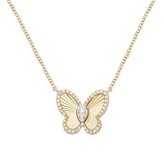 This beautiful necklace features a fluted butterfly with diamond accents. 14K Yellow Gold Butterfly measurement: 15mm Chain Length: 16" + 1" + 1" 7 round diamonds 0.05ct 35 round diamonds 0.08ct 2.81 grams Butterfly Shaped Yellow Gold Diamond Jewelry, Diamond Butterfly Necklace In Yellow Gold, Yellow Gold Diamond Butterfly Necklace, Diamond Pendant Necklace With Butterfly Charm, Yellow Gold Butterfly Diamond Jewelry, Fine Jewelry Diamond Butterfly Necklace In Yellow Gold, Butterfly-shaped Yellow Gold Jewelry With Diamond Accents, Yellow Gold Diamond Butterfly Necklace With Charm, Yellow Gold Diamond Necklace With Butterfly Charm