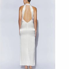 Meshki White Sleeveless Backless Dress For Date Night, White Backless Dress For Summer Night Out, White Satin V-neck Maxi Dress, White Backless Dress For Summer Cocktails, White Backless Cocktail Dress For Summer, White Summer Cocktail Maxi Dress, White Sleeveless Backless Cocktail Dress, White Backless Midi Dress For Summer, White Midi Length Backless Dress For Summer