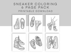 sneaker coloring page pack printable for kids and adults with four different shoes on them