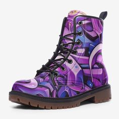 These extremely comfortable classic boots with a high quality print are made to last and to impress. Designed for fashion people, stylish and personalized. Perfect for everyday wearing and to show a unique sense of style.. - The Upper Made of PU leather (synthetic leather), the sole made of rubber.- Soft PU make it comfortable and soft. Size Chart Purple Lace-up Boots For Streetwear, Funky High-top Leather Boots, Purple Round Toe Boots For Streetwear, Trendy Purple Boots With Round Toe, Trendy Purple Round Toe Boots, Casual Purple Boots For Streetwear, Casual Purple Leather Boots, Trendy Purple Lace-up Boots, Stranger In A Strange Land