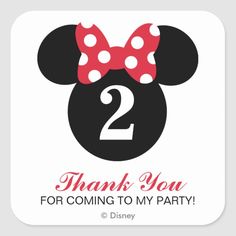 a minnie mouse birthday party square sticker with the number two in red and white polka dots