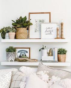 two white shelves with plants and pictures on them, one is filled with books while the other is empty