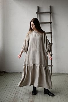 This oversized dress is made from 100% soft and washed linen. Details: - Composition: 100% Oeko-Tex certified linen - Colour: natural - Dropped shoulders - Linen belt - Ruffle skirt and neckline - Size: One size - fits all - Medium weight linen - Linen care: machine wash gentle; tumble dry low, ironing optional - The price is for one dress, other pictured items are not included Measurements: Length (from neck down) - 125 cm (49,2 in) Chest width - 140 cm (55,1 in) Sleeve length (from collar) - 6 Lagenlook Linen Maxi Dress With Relaxed Fit, Linen Lagenlook Maxi Dress With Relaxed Fit, Oversized Linen Lagenlook Dress, Oversized Beige Lagenlook Dress, Oversized Linen Dresses For Daywear, Oversized Beige Linen Dress, Plus Size Linen Dress, Pink Linen Dress, Kimono Style Dress