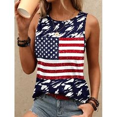 Season:Summer; Sleeve Length:Sleeveless; Gender:Women's; Style:Stylish; Elasticity:Micro-elastic; Tops Type:T shirt Tee; Occasion:Daily,Independence Day; Top Length:Regular; Pattern:Flag,USA; Neckline:Crew Neck; Brand:Shall We; Front page:FF; Listing Date:05/16/2024 Light Hair, Fashion Mode, Summer 2024, Tshirts Online, Shirt Online, Bleu Marine, Independence Day, Wedding Events, Clothing And Shoes