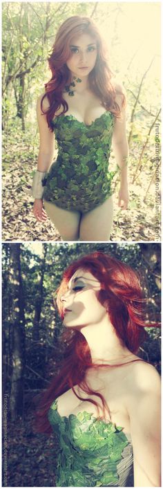 two photos of a woman with red hair and green dress in the woods, one is wearing