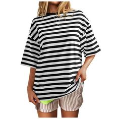 Women Simple Home Casual Striped Pattern Round Neck Short Sleeved Pullover Color Block T Shirt Top Features: This women's top is so trendy and cute, you can pair this knot side shirts with jeans and booties, such a comfy look! Basic style, easy to with anything, great for weekend, work, school,sport,hang out or daily casual wear. Design: These cute high-quality short sleeve tshirts are made of blend fabrics. Exposed seams stitching under the neckline, sewn cuffed sleeves and side slits hemline. Tops For Women Long Sleeve, Long Sleeve Compression Shirt, Tops For Women Long, Athletic Tops, Business Casual Top, Ladies Tops Blouses, Black Shirts Women, Weekend Work, Short Sleeve Tunic Tops