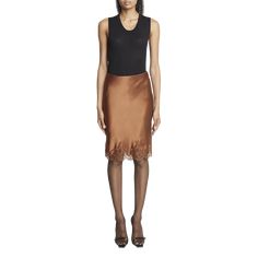 Saint Laurent satin skirt with floral lace trim High waist Straight silhouette Knee length Asymmetric hem Back walking vent Side zip Silk Made in Italy Satin Skirt, Silk Skirt, Asymmetric Hem, Floral Lace, Side Zip, Lace Trim, Knee Length, Saint Laurent, Tops Designs