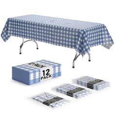 the table cloth is blue and white checkered with black numbers on it's sides