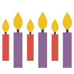 five candles are lined up in a row with yellow and purple lights on them,