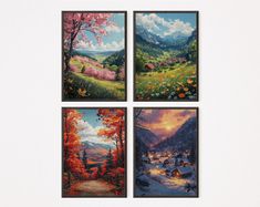 four paintings of flowers and trees are shown in three different frames, each with a landscape