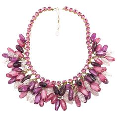 A superb looking piece ! A gorgeous vintage Pink 1950s necklace. Featuring handmade art glass drops in shades of amethyst, pink and pale pink dripping from a claw set rhinestone chain. Set in base metal and in very good vintage condition this wonderful, most likely French, statement glass necklace measures approx 45.5cm at it's longest setting. The necklace can be worn shorter if so wished. A truly remarkable piece of vintage jewellery from the 1950s featuring a vibrant and oh so pretty array of handmade glass and crystals. Pretty in pink! Should you choose to buy from us, we commit to the item being as described. Your vintage costume jewellery will arrive beautifully packaged and presented, helping to preserve your one of a kind piece. Don't hesitate to contact us should you require furth Cascade Collar, 1950s Necklace, Pretty Costume, Cascade Necklace, Costume Necklaces, Rhinestone Chain, Vintage Art Glass, Furniture Renovation, Pretty Necklaces