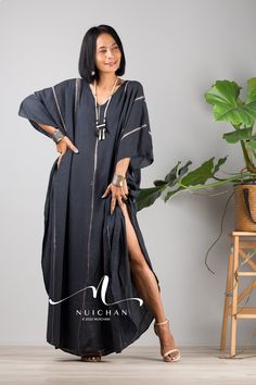 "Tie dye kaftan dress, Plus size caftan dress, Long black maxi dress, resort kaftan, summer kaftan, loose fit dress, oversized dress PRODUCT SIZE : One Size Fits Most up to size US 2XL These are the exact measurements from the dress, measured whilst laying flat >> * Chest : up to 52\" * Waist : 52\" * Hips : 52\" * Sleeve length from neckline to hem : 17\" * Length 54\" * Split : 25\" from hem upwards Lines and tone vary slightly from dress to dress as they are all uniquely handmade NOTE : * Mod Black Caftan, Plus Size Caftan, Beach Kaftan Dress, Summer Boho Dress, Drapey Dress, Long Black Maxi Dress, Beach Kaftan, Boho Summer Dresses, Dye Dress