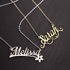 "These are the most personalized name necklaces you can find. With a gorgeous font spelling out the name of your choice, it is such a unique piece already; but we've taken it to the next level of personalization by adding your choice of 4 different design themes for you to choose from. Decide between the magical fairy, the fashionable infinity symbol, the adorably romantic heart or the nature lover's flower. Once you have chosen your name and preferred theme, you have designed a one-of-a-kind necklace to treasure forever. Each necklace is made from solid precious metal (never plated!). Choose from .925 sterling silver, or 10K or 14K gold, offered in white, yellow, or rose. The included rope chain is made of the same metal as your pendant, with your choice of either 16\" or 18\" in length; Customized Name Necklace For Personalized Gift, Customizable Nameplate Necklace For Personalized Gift, Gold Nameplate Necklace With Custom Text, Custom Name Rose Gold Necklace For Personalized Gift, Customized Rose Gold Name Necklace For Personalized Gift, Customizable Nameplate Charm Necklaces, Personalized Nameplate Charm Necklaces As A Gift, Personalized Nameplate Charm Necklace, Nameplate Charm Necklace For Personalized Gift