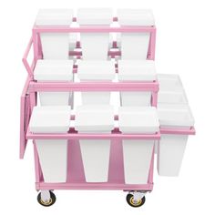 a pink and white cart filled with lots of plastic bins on top of each other