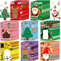 six christmas themed greeting cards with santa, penguin, snowman and trees on them