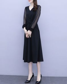 * A high-end midi dress with wide hem, very cool. * Made of quality cotton blends fabric, very smooth and comfortable. * With transparent long sleeves, very beautiful. * Material: 50% cotton, 50% polyester * Size: True to US size, US 0-US 16 are available, you can let us know your usual size and height in your order. * Shipping: Free shipping Processing time : 5-7 Business days Delivery time : 7-20 Business days Tracking number available If you need rush order or expedited shipping, please let u Black Long Sleeve Midi Dress For Fall, Casual Black V-neck Dress For Fall, Elegant Maxi Length V-neck Dress For Fall, Elegant V-neck Maxi Dress For Fall, Solid Color Knee-length V-neck Dress For Fall, Elegant Fall Maxi V-neck Dress, Black Long Sleeve Midi Dress For Work, Elegant V-neck Midi Dress For Fall, Black Midi Length Long Sleeve Dress For Spring