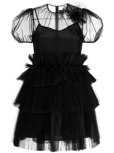 black tulle panels faux-flower detailing round neck short sleeves thigh-length Huishan Zhang, Black Tulle, Faux Flowers, Dress Details, Dress Black, Evening Dresses, Fashion Branding, Round Neck, Fashion Inspo