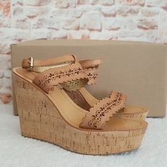 New...Not Used....Authentic 5" Cork Wedge Heel, 1.5" Platform Ginger (Color) Perforated Vegan Leather Sandal Ankle Strap With Buckle Closure Manmade Sole Note, Will Ship In Box Pictured. Coach Beige Open Toe Sandals, Closed Toe Wedge Sandals With Cork-bed Midsoles, Chic Coach Heels For The Beach, Coach Beige Leather Sandals, Coach Beige Sandals With Round Toe, Chic Coach Summer Wedge Sandals, Coach Summer Wedge Sandals With Round Toe, Coach Wedge Sandals For Spring, Chic Coach Wedge Sandals For Summer