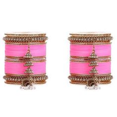 Gold Rodium Polish Pink and Majenta color Bangles in Metal Alloy studded with CZ Diamond Wedding Chura, Metal Bangles, Diamond Gold, Cz Diamond, Bridal Outfits, Gold Diamond, Beautiful Design, Bangles, Pink